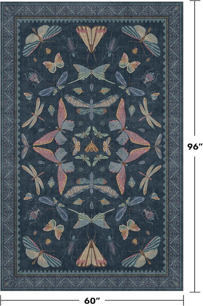 Blue 5x8 Washable Living Room Rugs - Stain Resistant Non Slip Insect Rug for Dining Room, Low Pile & Soft Carpet for Bedroom, Dark Vintage Décor Indoor, Non Skid with Rubber Backing