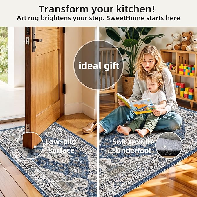 Washable 4-Piece Kitchen Floor Mats: Farmhouse Non-Slip Kitchen Sink Rug Easy Clean Water-Resistant Runners for Hallway Bathroom Soft Decorative Carpet for Pet Feeding Area(2x3+2x4+2x5+2x6,Blue)