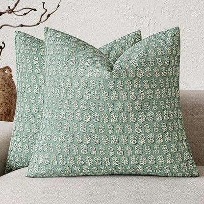 Foindtower Set of 2 Decorative Vintage Floral Print Throw Pillow Covers Neutral Accent Farmhouse Cushion Covers Boho Home Decor for Sofa Couch Chair Bedroom Living Room Outdoor,20×20 Inch,Sky Blue