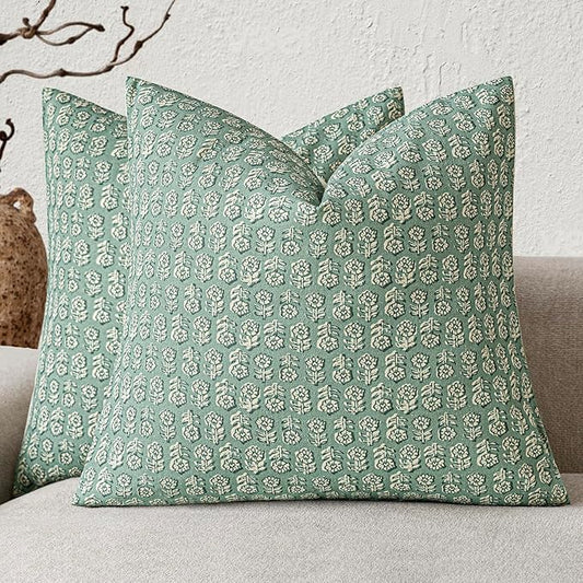 Foindtower Set of 2 Decorative Vintage Floral Print Throw Pillow Covers Neutral Modern Farmhouse Cushion Covers Boho Home Decor for Sofa Couch Chair Bedroom Living Room Outdoor,20×20 Inch,Aqua Blue