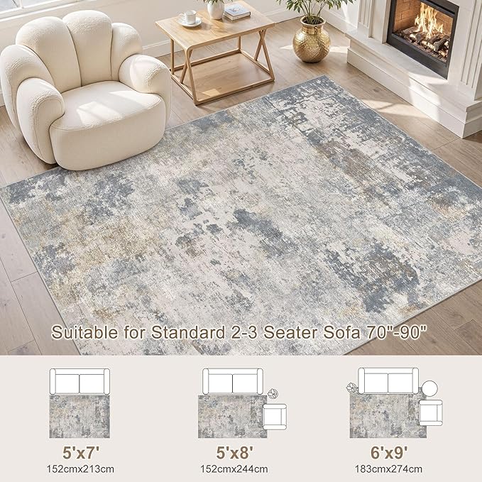 UERMEI 5x7 Area Rug Living Room Rugs - Washable Neutral Modern Abstract Soft Thin Large Rug Indoor Floor No Slip Rug Carpet for Bedroom Under Dining Table Home Office Decor - Blue Grey