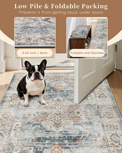 Madane Hallway Runner Rug 2x12, Extra Long Washable Runner Rugs with Rubber Backing, Non Slip Carpet Runner, Vintage Rug Runners for Kitchen Laundry Room Entryway (Navy, 2'x12')