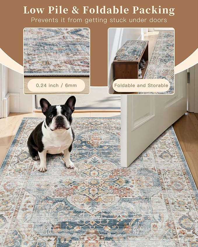 Madane Runner Rug 2'6''x8' Kitchen Runner, Hallway Runner Printed Vintage Washable Rugs Soft Non-Slip Low Pile Runners for Hallways Laundry Room Distressed Floor Carpet, Navy