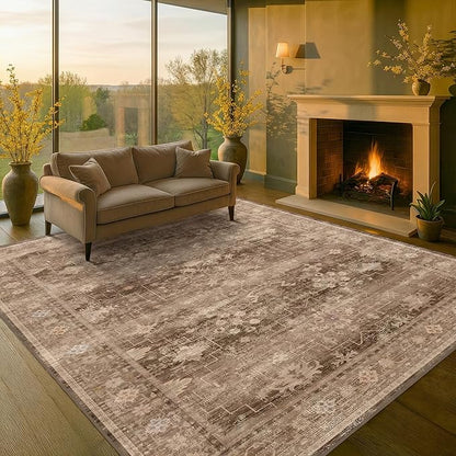 Hazo Haus Gold Brown 8x12 Big Rugs for Living Room - Non Slip Washable Vintage Area Rug for Dining Room Under Table, Geometric Floral & Low Pile Boho Bedroom Decor