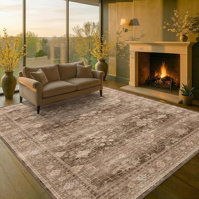 Hazo Haus Boho Taupe Living Room Rug 7x10 -Vintage Traditional Oriental Neutral Brown, Washable Low Pile Non-Slip Extra Large Area Rugs for Dining Under Table Bedroom Lounge