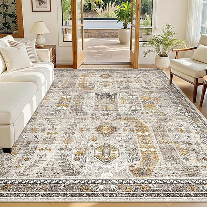 Madane 5x7 Area Rugs for Living Room, Stain Resistant Washable Rugs, Non-Slip Backing Area Rug, Vintage Home Decor Rug for Bedroom (Brown/Gold, 5'x7')