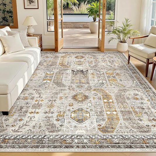 Madane 5x7 Area Rugs for Living Room, Stain Resistant Washable Rugs, Non-Slip Backing Area Rug, Vintage Home Decor Rug for Bedroom (Brown/Gold, 5'x7')