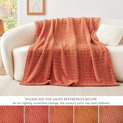 EXQ Home Fleece Throw Blanket for Couch or Bed - 3D Waffle Patchwork Pattern Jacquard Decorative Blankets - Cozy Soft Fuzzy Flannel Blanket Suitable for All Seasons(50"×60",Terracotta)