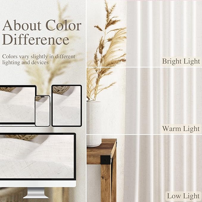 Ivory White Linen Curtains for Living Room 126 Inches Long Light Filtering Semi Sheer Curtain Back Tab Neutral Modern Farmhouse Decor Drapes Floor to Ceiling High Window for Bedroom 52x126, 2 Panels