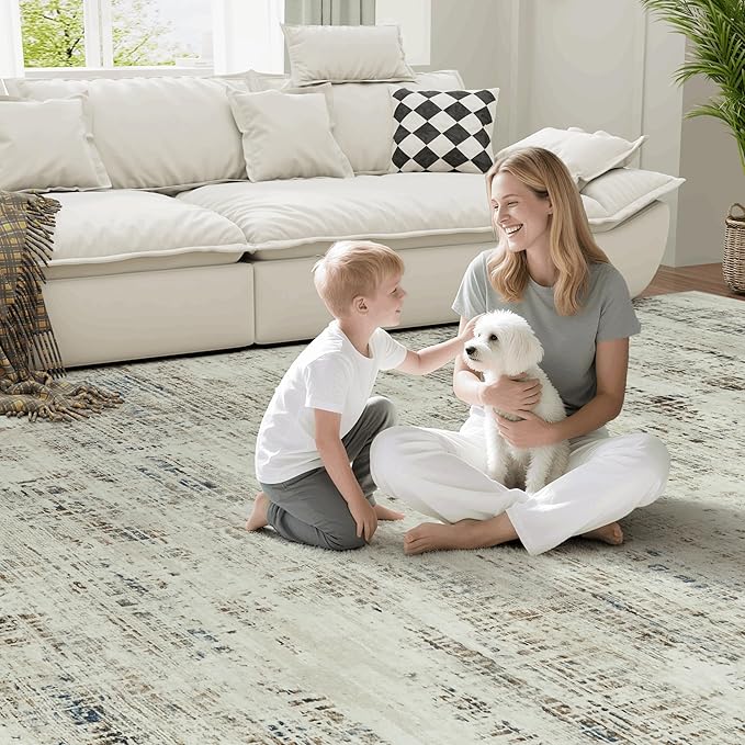 8x10 Area Rugs for Living Room Washable Rug: Anti-Skid Abstract Modern Living Room Rug Soft Thin Carpets Indoor Floor Non-Shedding Carpet for Bedroom Dining Farmhouse Nursery Gray White Blue