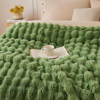 COOVA Faux Fur Throw Blanket for Couch, Cozy Soft and Fuzzy Plush Rabbit Fur Bubble Blanket for Sofa Bedroom Living Room, 50x60 Inches Light Green