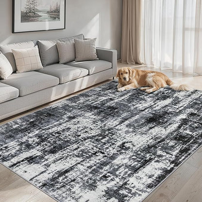 Area Rugs Living Room Rug - 4x6 Washable Modern Abstract Soft Neutral Non-Slip Carpet Large Indoor Floor Thin Carpets for Bedroom Dining Room Farmhouse Nursery Home Office Black