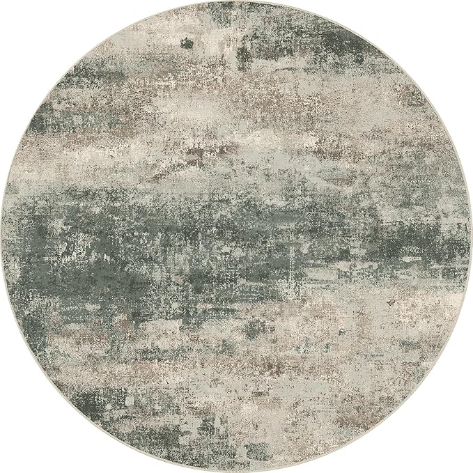 Round Rugs 4FT for Living Room Bedroom, Modern Abstract Machine Washable Circle Rug, Soft Low Pile Floor Cover with Non Slip Backing for Dining Room, Grey/Dark Green