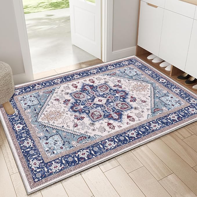 OPPODREAM Soft Throw Rugs 2x3, Small Washable Entryway Rugs 2 x 3 with Non Slip Backing, Low-Pile Faux Cashmere 2 x 3 Carpet, Navy Blue & Red & Cream