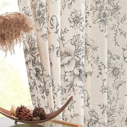 jinchan Linen Blend Curtain Floral Curtains for Living Room 102 Inch Length Black Printed Curtain Rod Pocket Back Tab Farmhouse Peony Flower Patterned Drapes Bedroom Window Curtains Set 2 Panels