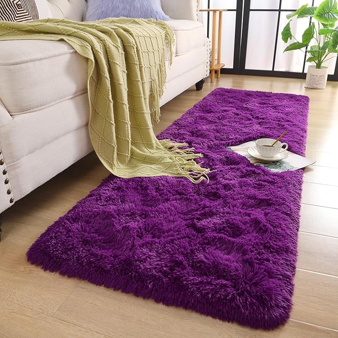 Chicrug Soft Runner Rugs for Bedroom Living Room Plush Fluffy Rug 2x6 Feet, Shag Furry Area Rug Carpet Non Shedding for Nursery Children Kids Girls Room Home Decorative, Dark Purple