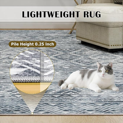 8x10 Area Rugs Washable Rug: Anti-Skid Abstract Modern Living Room Rug Soft Thin Carpets Indoor Floor Non-Shedding Carpet for Bedroom Dining Farmhouse Nursery Home Office (Blue Grey White, 8'x10')