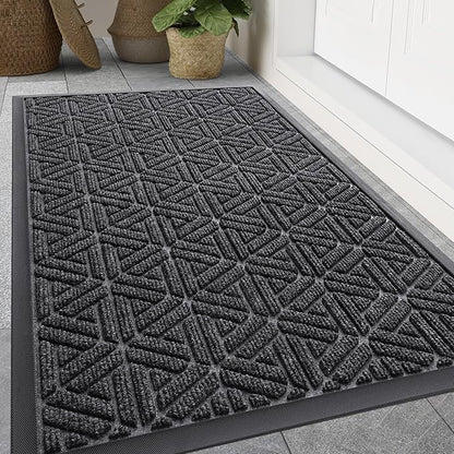 Smiry Front Door Mat Outside Entrance, Heavy Duty Sturdy Natural Rubber Doormat, Trap Dirt and Moisture, Easy Clean Low Profile Mats for Indoor Outdoor Entry, Grid Geometric (59x34, Grey)