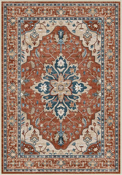 Area Rugs Round 8ft Washable Non-Slip, Floral Vintage Distress Print Pattern Medallion Carpet for Living Room Bedroom Dining Room, Red Orange Blue Brown
