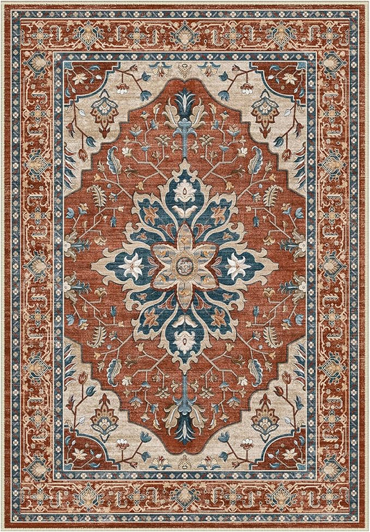 Area Rugs Round 8ft Washable Non-Slip, Floral Vintage Distress Print Pattern Medallion Carpet for Living Room Bedroom Dining Room, Red Orange Blue Brown