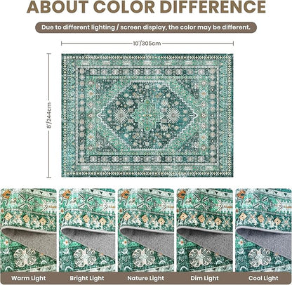 zesthome 8x10 Area Rugs for Living Room,Non-Slip Backing Washable Rugs,Vintage Large Area Rug，Stain Resistant Home Decor Rug(Green/Teal,8'x10')