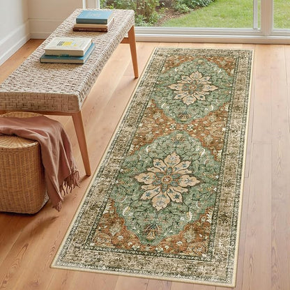 RELEANY Area Rugs 3'x7' Runner Rug Non Slip Washable for Kitchen Hallway Bedroom Beside Laundry Room Bathroom Rug, Floor Carpet, Brick Red Rust Neutral Brown Burnt Orange Green