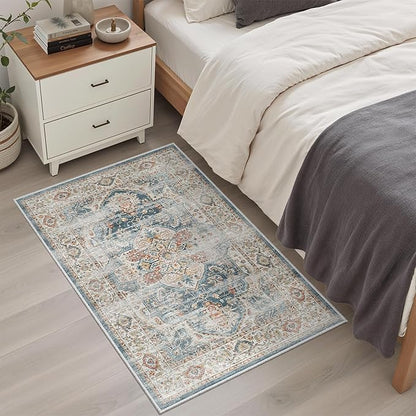 Madane Washable Area Rug 2x3, Small Entryway Rug Non-Slip Vintage Door Mat Indoor Entrance, Low Pile Floor Carpet for Inside Front Door Bedroom Kitchen Entry Laundry (2'x3', Navy)