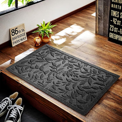 Grey Leaves Outdoor Indoor Entrance Doormats, Absorbent Durable Heavy Duty Welcome Front Door Mat,Thick Natural Rubber Back,Easy Clean Entryway Mat 17x30 Inch, Low Profile