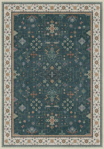Hazo Haus Dark Green Vintage 7x10 Washable Rugs for Living Room - Dark Academia Victorian Floral Geometric Bedroom Rug, Ultra Soft Thin Low Pile Non-Slip Large Rugs for Lounge