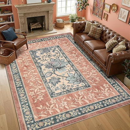 GarveeHome Terracotta Teal Washable 5x7 Area Rugs, Botanical Grove Vintage Cottage core Non-Slip Rug for Bedroom Living Room Nursery Kitchen Low-Pile Retro Carpet