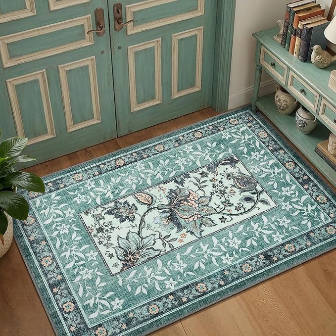 GarveeHome Teal Washable 5x7 Area Rugs, Botanical Grove Vintage Cottage core Non-Slip Rug for Bedroom Living Room Nursery Kitchen Low-Pile Retro Carpet