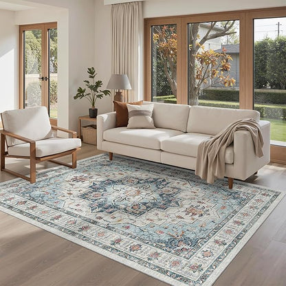 Madane Area Rug 4x6 Washable Rugs: Vintage Living Room Rug Soft Low Pile Non Slip Area Rugs Distressed Indoor Floor Carpet for Bedroom Kitchen Dining Room Home Decor, Blue