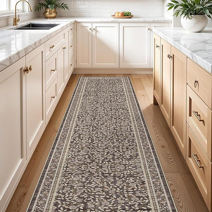 TOPRUUG 2x12 Washable Runner Rug - 12ft Runners for Hallway Non Slip Kitchen Rugs Soft Low Pile Carpet for Bedroom Bathroom Entryway - Stain Resistant Vintage Home Decor (Floral Charcoal, 2X12)