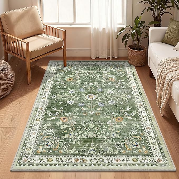 Yamaziot Washable Area Rug 3x5 – Small Non Slip Boho Area Rug for Bedroom, Low Pile Distressed Carpet for Living Room, Bedroom, Kitchen, Entrance, Green