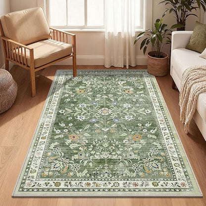 Yamaziot Washable Area Rug 3x5 – Small Non Slip Boho Area Rug for Bedroom, Low Pile Distressed Carpet for Living Room, Bedroom, Kitchen, Entrance, Green