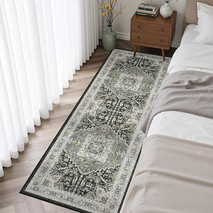 Madane Washable Kitchen Runner Rug 2x6, Ultra-Thin Non-Slip Hallway Runner, Stain Resistant Vintage Entryway Carpet Runner, Pet Friendly Low Pile Runners, Grey Green/Black Olive