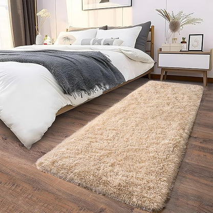 Soft Runner Rugs for Bedroom Hallways, 2x6 Beige Fluffy Shag Throw Area Rug Non Slip for Bedside Dorm, Long Shaggy Furry Carpet for Nursery Living Room