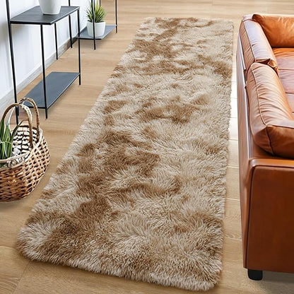 Tepook Fluffy Runner Rugs for Bedroom Aesthetic 2x6 Feet, Shag Soft Bedside Rug with Non-Slip Bottom, Fuzzy Plush Carpet for Room, Hallway Rug for Nursery Dorm Indoor Home Decor, Tie-Dyed Beige