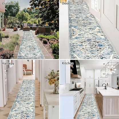 HEBE Hallway Runner Rug 2'x10' Washable Vintage Distressed Area Rugs Non Slip Laundry Rug Runner Boho Floor Carpet Runners for Hallways Entryway Laundry Room Kitchen Bathroom
