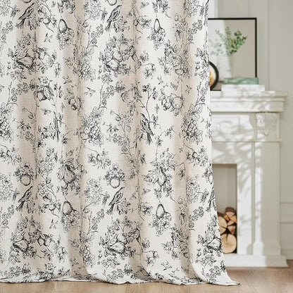 jinchan Linen Floral Curtains for Living Room 84 Inch Length Black Printed Flower Light Filtering French Country Curtain Farmhouse Cottage Core Toile Curtains Back Tab Window Drapes Set 2 Panels