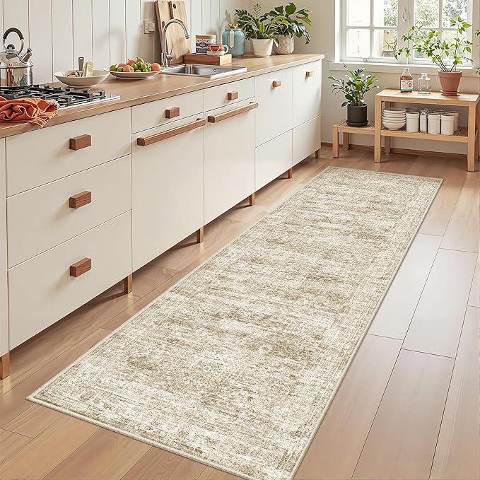 2x7 Runner Rug Non Slip, Thin Entryway Washable Rug for Entryway, Runners for Hallways, Low Pile Vintage Abstract Soft Rugs for Living Room, Kitchen, Bedroom(2'x7', Brown/Ivory)