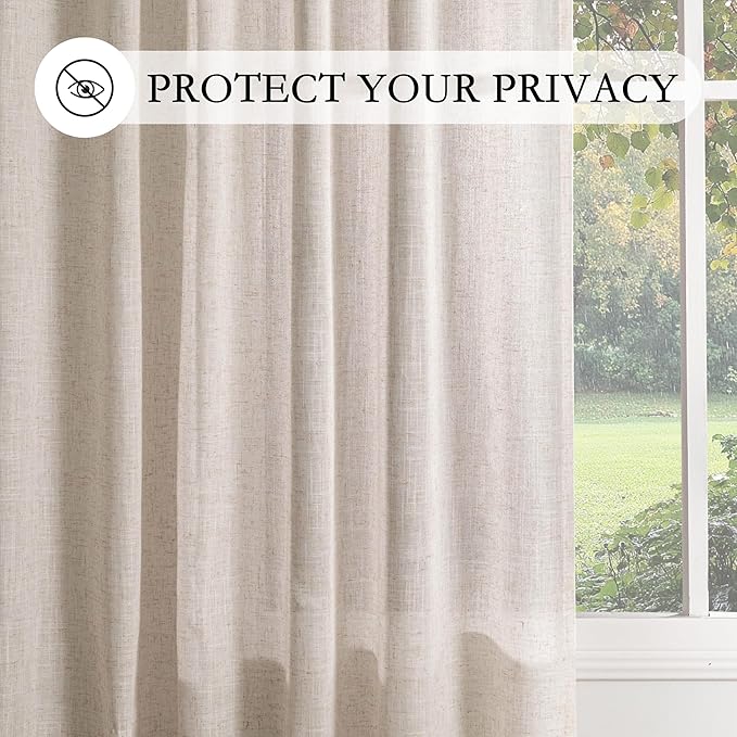 MYSKY HOME Natural Linen Curtains 24 Inch Long for Kitchen, Semi Sheer Light Filtering Window Panels Rod Pocket Valance Neutral Drapes for Small Window/Cafe/Bathroom Basement, 2 Panels, 34 x 24 Inch