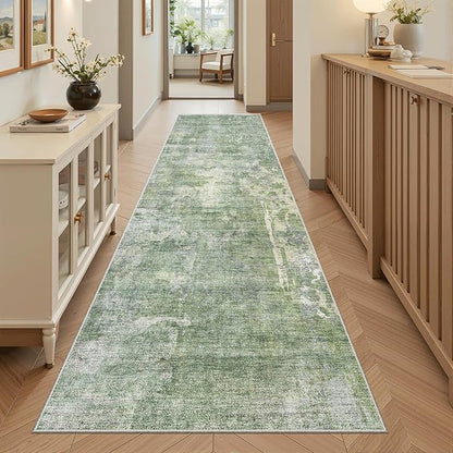 Soalmost Washable Runner Rug, 2'6" x 8' Non-Slip Kitchen Vintage Foldable 2.5x8ft Hallway Runners for Entryway, Laundry, Bedroom, Green/Ivory