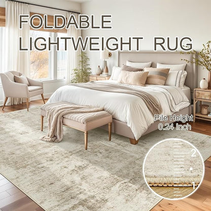 9x12 Area Rug for Living Room, Abstract Non Slip Machine Washable Vintage Carpets, Low Pile Lightweight Large Rug for Bedroom, Dining Room, Home Office Beige Gray