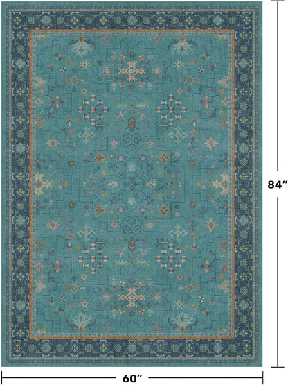 5x7 Teal Rug for Living Room, Boho Turquoise Rugs for Bedroom, Modern Eclectic Low-Pile Carpet for Dining Table, Washable Non-Slip with Rubber Back