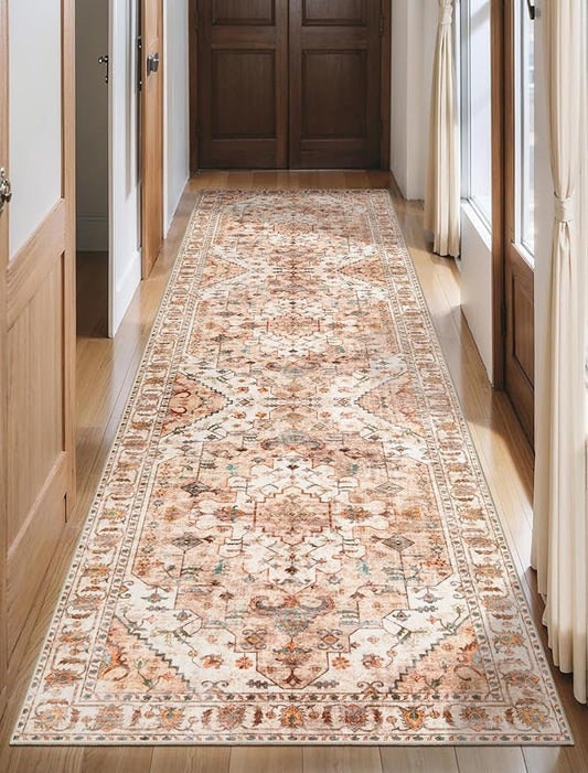 SERISSA Boho Washable Runner Rug, 2'6"x8' Non-Slip Vintage Peach Cream Hallway Kitchen Runner Rug Ultra Soft Print Distressed Floor Carpet for Bedroom Bathroom Laundry Room