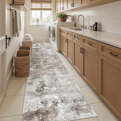 Runner Rug 2x10 Washable Non-Slip Hallway Runner Rugs for Kitchen Bathroom Laundry Room Pink/Grey Vintage Floor Carpet Runners for Hallways Entryway