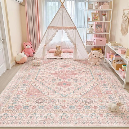 zesthome 9x12 Area Rugs for Girls Bedroom, Low Pile Machine Washable Rugs, Vintage Large Pink Rugs, Stain Resistant Nursery Room Rug, Baby Crawling Rug (Pink/Blue,9'x12')