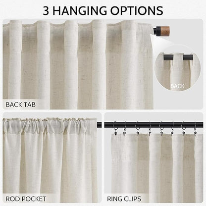 Nanspring Mousse White Linen Curtains 96 Inches Long for Living Room Simple Modern Luxury Light Filtering Semi Sheer Curtain Back Tab Neutral Coastal Decor Drapes for Bedroom Office 52x96, 2 Panels