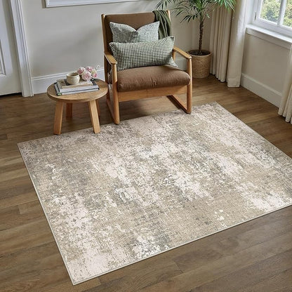 PureCozy Beige Area Rug 3x5 Machine Washable Modern Abstract Office Carpet Neutral Non Slip Indoor Entry Low Pile Soft Non Shedding Small Mat Bedroom Throw Rug for Kitchen Laundry Dining Room